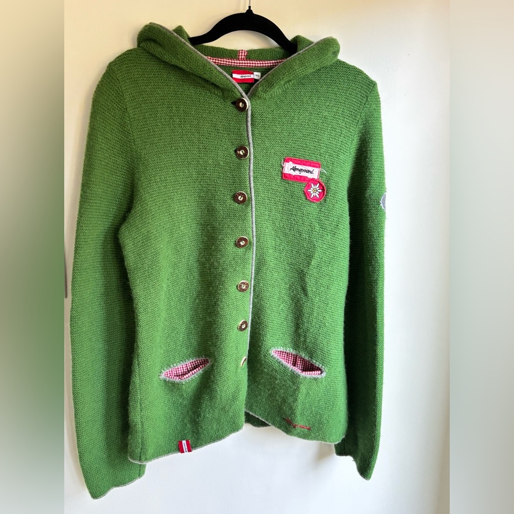 ALMGWAND ADMONT Green WOOL Hooded Sweater with Button Front Size 40 Med